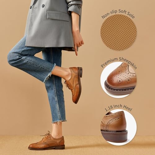 Image of BEAU TODAY Oxford Shoes for Women,Leather Brogue Dress Shoes,Comfort Brethable Ladies Lace-up Handmade Wingtip Shoes for Business Work