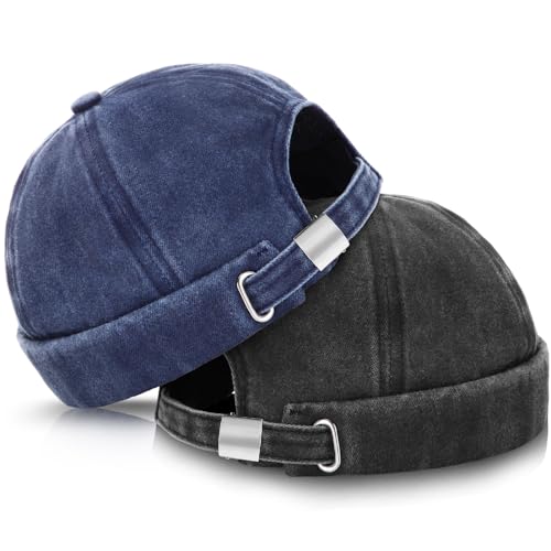 Image of SATINIOR 2 Pieces Brimless Hats for Men Adjustable Docker Cap Casual No Brim Hat Rolled Cuff Sailor Skullcap