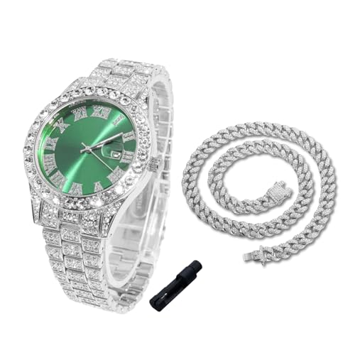 Image of Halukakah Diamonds Gold Watch Iced Out for Boy Teens Kids - 18K Real Gold /Platinum Plated,42mm Blue /Green /Red Dial,Japanese Quartz - 8 inch Length - Optional with Cuban Link Chain,with Watch Adjuster Tool