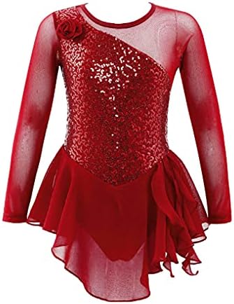 Oyolan Kids Girls Skater Figure Ice Skating Lreotard Dress Mesh Splice Athletic Gymnastic Ballet Dancewear Red B 14 Years