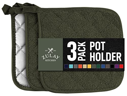 Zulay 3-Pack Pot Holders For Kitchen Heat Resistant Cotton - 7X7 Inch Hot Pot Holder Set - Quilted Terry Cloth Potholders For Kitchens - Washable Potholder For Cooking & Baking (Olive Green) #TOP10