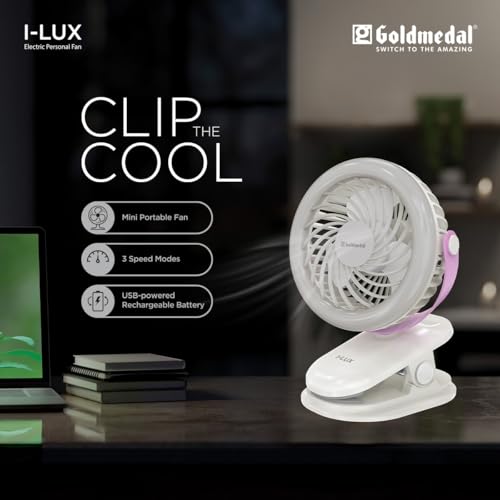 Image of Goldmedal I-Lux 100 mm Portable Desk Mounted Clip Fan| Multi-Clip Function| Type-C USB-Powered Rechargeable Battery with 6-7 Hours Backup| Bright Light | Personal Fan for Home & Office (White-Pink)