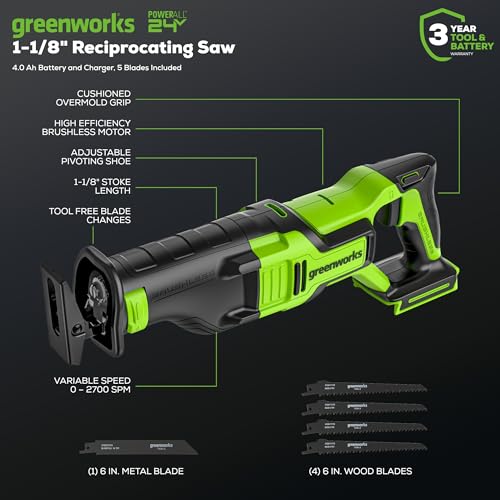 Image of Greenworks 24V Cordless Power Tool 3pcs Combo Kit, Jig Saw with 4Ah USB Battery & Charger, Circular Saw (6-1 /2 inch) & Reciprocating Saw, Brushless Motors, 3000 SPM & 4800 RPM