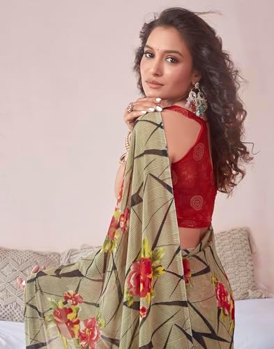 SIRIL Women's Floral Printed Georgette Saree with Unstitched Blouse Piece
