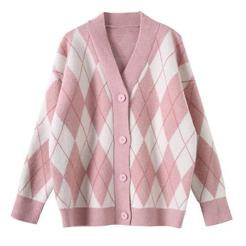 CORIRESHA Women's Cute Argyle Preppy Button Down Y2k Aesthetic Knit Cardigan Sweater