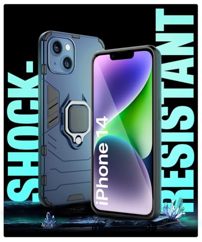 Image of WOW IMAGINE Shock Proof Back Case Mobile Cover for Apple iPhone 14 | Back Cover Case (Tough Armor | Hybrid PC + TPU | Ring Holder & in-Built Kickstand | Blue)