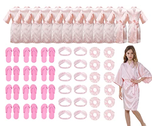 12 Pack Girls Kids Silky Satin Robe with Hair Band Slipper Hair Ring for Wedding Birthday Party Spa