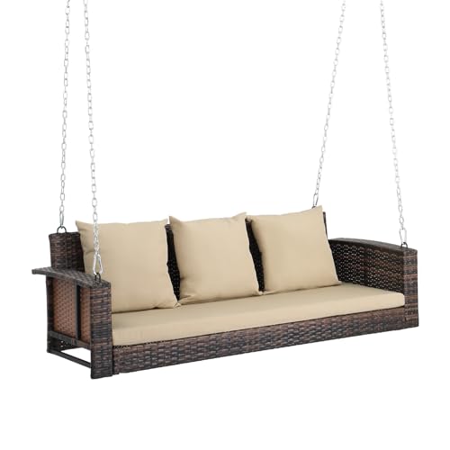Image of VINGLI 5FT Wicker Swing, Rattan Porch Swing, Outdoor Hanging Seat, Brown