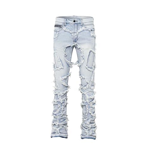 Men's Hip Hop Denim Ripped Dilapidated Mid Rise Stretch Straight Leg Jeans with Pockets