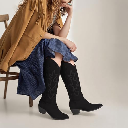 Image of Erocalli White Cowgirl Boot Cowboy Boots for Women Embroidered Pull-On Chunky Stacked Heel Knee High Western Boots