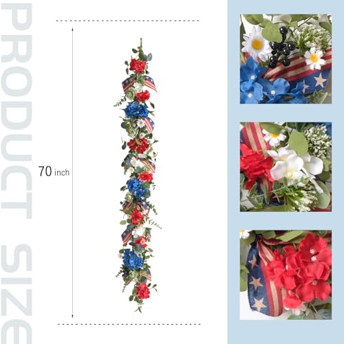 Egolot Patriotic Hydrangea Red White Blue Flower Garland Wreath for Front Door, Forth of July Independence Day Indoor Outdoor Decor Garland, American Flag Ribbon Floral Home Decor - Thumbnail 7