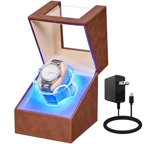 Image of ANWBROAD Watch Winder for Automatic Watches, Quiet Motor Flexible Watch Pillows, 4 Modes Automatic Watch Winder box, Rotating Watch Case with Battery or Type-C Adapter Brown UJWW006Z