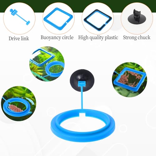 Image of 2 Pcs Fish Feeding Ring, Aquarium Feeding Ring Turtle Tank Accessories Automatic Square and Round Floating Food Feeder with Suction Cup for Betta Guppy Goldfish (Blue)