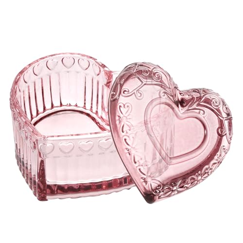 WHJY Glass Jewelry Box for Girls Heart Shaped Container with Lids Small Decorative Trinket Organizer for Vanity Room Decor Crystal Pink Storage Jar for Rings Earrings Necklaces