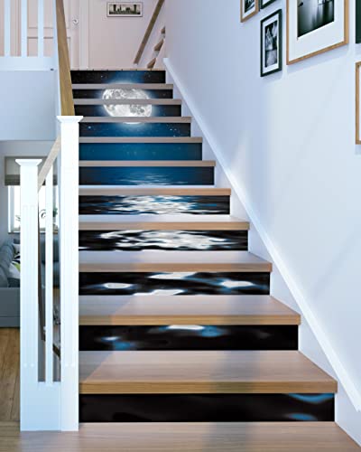 Stair Decals - Flfk Stair Stickers Decals Peel And Stick,Bright Moon On The Sea Stair Risers Decals Self-Adhesive For Home Decor, 39.3" W X 7" H X 13Pcs #TOP3