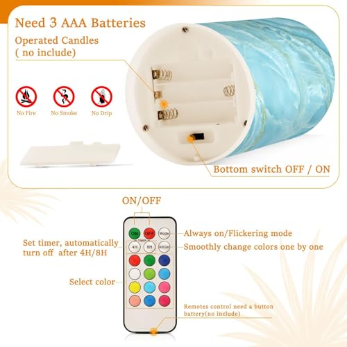 Image of Eionryn Aqua Marble Texture Flameless Candles Nature Stone Blue Veins Battery Operated LED Candles with Remote Timer Electric Candles for Home Party Decor 2pcs