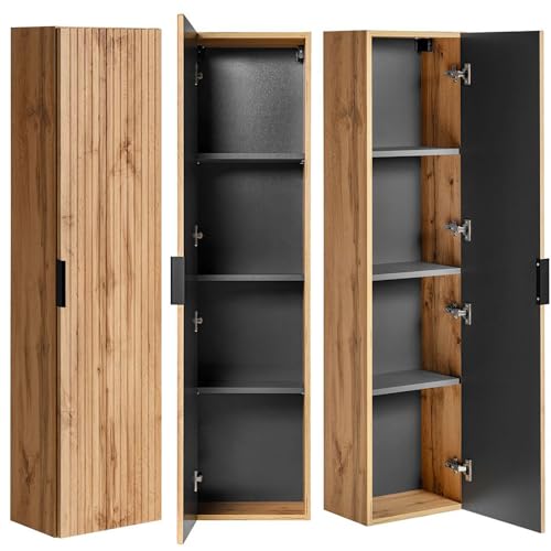 Lomadox Badezimmerschrank Hochschrank 2-türig, Wotan Eiche gerillt, 35 cm schmal, Seitenschrank Badmöbel-Schrank Badschrank B/H/T: 35/140/25 cm