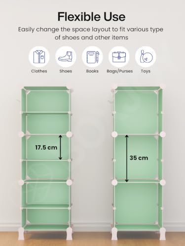 Image of BOXJOY 6 Shelf Plastic Kids Wardrobe with 3 Doors, Sticker Sheet & Holder | Foldable Bedroom Almirah Organizer with Wooden Hammer Collapsible Almira Clothes Storage Rack Cupboard for Baby Cloth (Green)