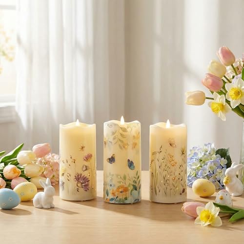 Image of Eywamage Fiber Optic Flameless Pillar Candles with Remote Set of 3, Butterfly Floral Summer LED Candles Home Decor Φ 3 inch H 6 inch