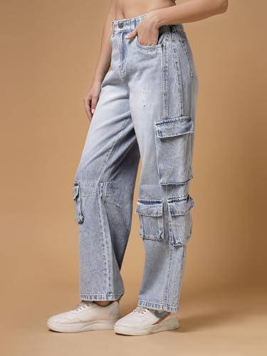 Image of Cargo Blue Jeans for Woman | Straight Cargo Pants with Multiple Pockets | High Rise Denim Jeans for Women