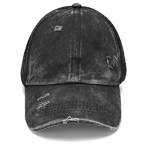 Glitter Distressed Mesh Girls Criss Cross Ponytail Hat For Kids High Messy Bun Ponycap (Crisscross-Black) #TOP2