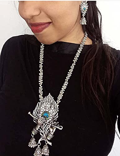 Ethnic Traditional Indian Designer Silver Bohemian Long Temple Necklace Earrings Jewelry for Women2