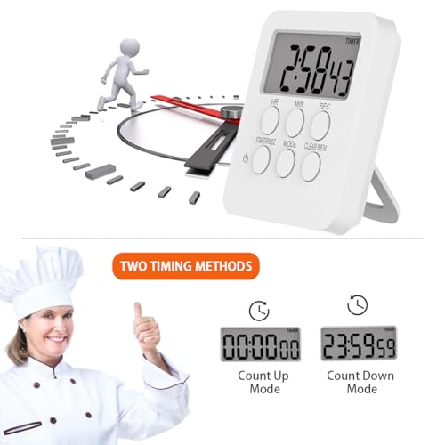Digital Kitchen Timer with Mute/Lound Alarm Switch,3 in 1 Multifunctional Clock Alarm Count UP/Down Timer,24-Hours Memory Function Magnetic Timer for Cooking Learning(White) - Image 5