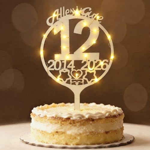 Seutgjie Tortendeko 12. Geburtstag Jubiläum Deko mit LED Licht 2014-2026 | Cake Topper 12. Geburtstag Mädchen Junge Hochzeitstag Holz Kuchen Deko mit LED Lichterkette