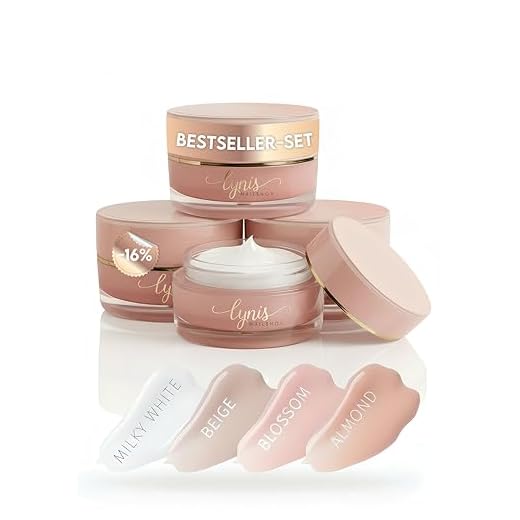 No File Aufbaugel Set für Gelnägel ALMOND, BLOSSOM, BEIGE & MILKY WHITE 15ml für Profis & Anfänger als UV Gel SELBSTGLÄTTEND OHNE FEILEN, UV & LED geeignet, pinchbar, mittelviskos, Lynis-Nailshop.de