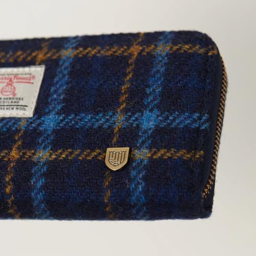 Image of Islander HarrisTweed & PU Leather women's long zip purse, Carry Cash & card, Scottish Style, Navy Tartan