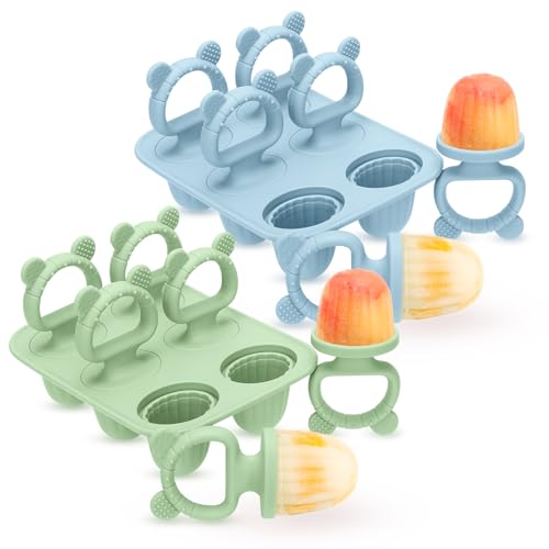 CLDY 2 Sätze 6 Mulden Eisformen Baby Silikon, Kinder Eisförmchen Popsicle Formen, Enthält 12 Stäbchen, BPA-Frei, Lebensmittelecht, leicht zu reinigen, ideal für Fruchtpüree & Muttermilch (Blau/Grün)