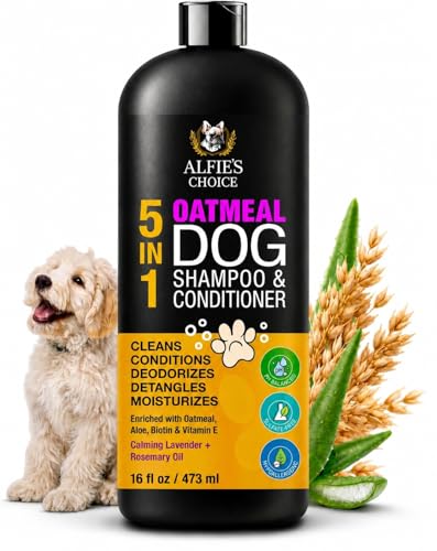 Oatmeal Dog Shampoo and Conditioner for Itchy Skin Relief | Puppy Shampoo for Sensitive Skin 5-in-1 | Cleans, Deodorizes & Detangles | Dog Wash for All Breeds | 16 fl oz | ALFIE'S CHOICE