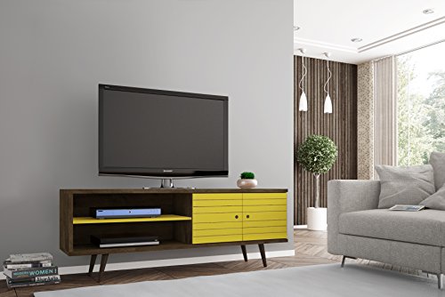 Manhattan Comfort Liberty Mid-Century Modern Living Room Tv Stand With Shelves And A Cabinet With Splayed Legs, 201Amc: 62.99 Inch, Rustic Brown/Yellow #TOP1