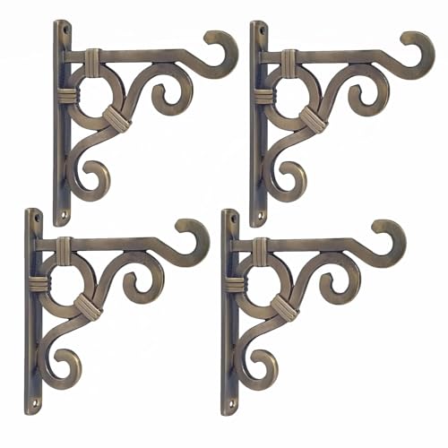 Image of Metal Wall Hook Hanging Plant Bracket | Decorative Straight Plant Hanger for Pots, Bird Feeders, Planters, Lanterns, Cotton, Wind Chimes Indoor Outdoor, (Brass Antique, Pack of 4)