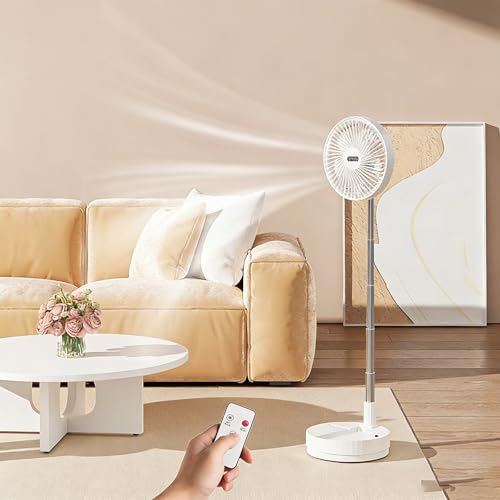 Greheywos Tragbarer faltbarer Ventilator, oszillierend & winkelverstellbar, mit Fernbedienung, 8000 mAh Akku, ultra-leise 4 Geschwindigkeiten, ideal für Zuhause, Büro, Reisen & Camping