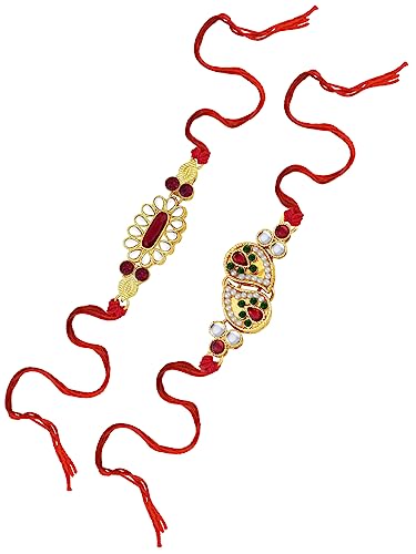 Image of Peora Rakhshabandhan Thread Rakhi for Brother Bhaiya | Kundan Beads & Crystal Studded | Combo Set of 2 | Rakhi Hamper Roli Chawal & Greeting Card