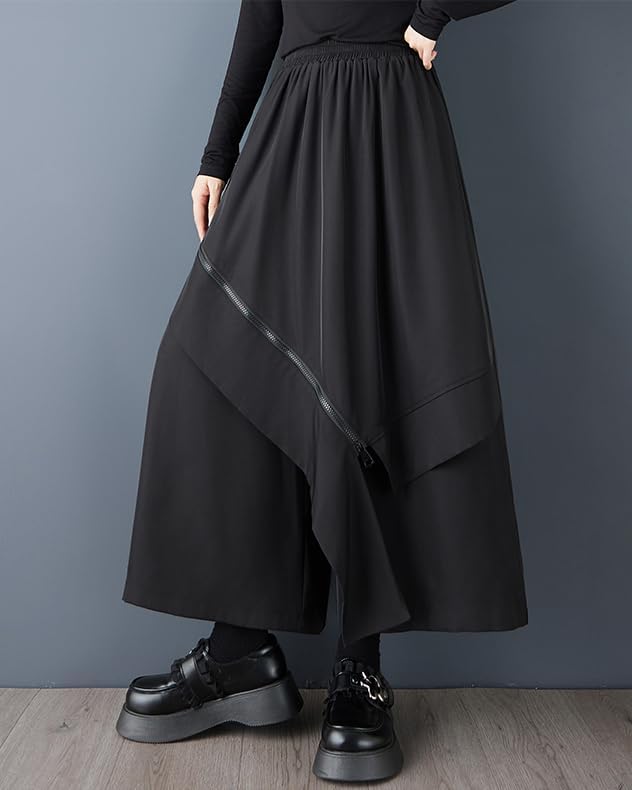 ellazhu Women's Skirt Pants Loose Wide Leg Patchwork Design Irregular GZ774 A - Image 3