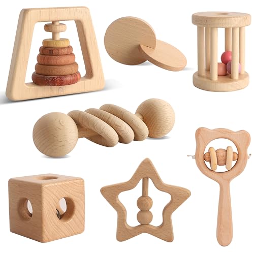 Wooden rattles for baby - 7pcs Montessori toys set