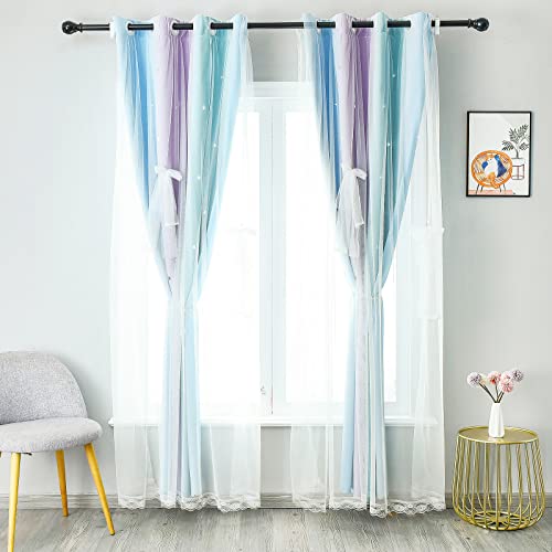 MINGPINHUIUS Star Curtain Blackout Curtains for Kids Girls Bedroom Living Room Double Layer Stars Curtains Elegant Drapes Star Window Curtain with Net Sheers - Image 4