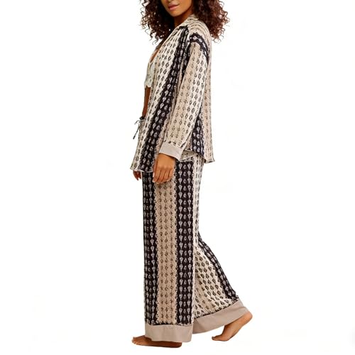 Image of Women Satin Pajama Set Floral Silk Pajamas 2 Piece Lounge Sets Button Down Shirts Wide Leg Pants Pjs Sleepwear