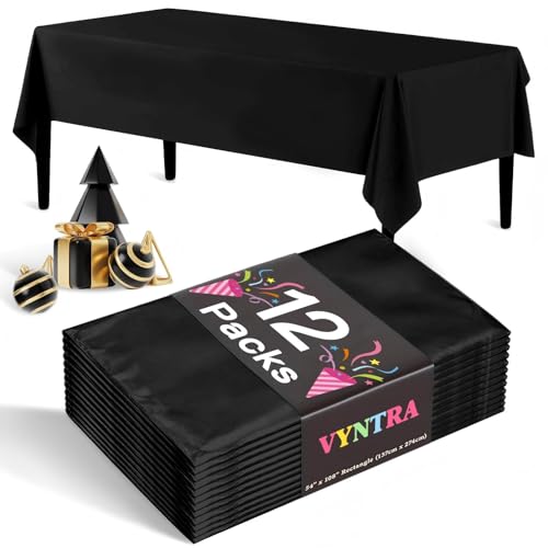 Vyntra 12 Pack Black Plastic Tablecloths, Disposable Party Table Covers for Halloween, New Year’s Eve & Formal Celebrations