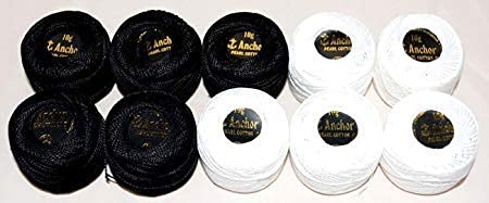 10 Anchor Cotton Thread Balls 5 Black and 5 White Color Best for Hand Embroidery