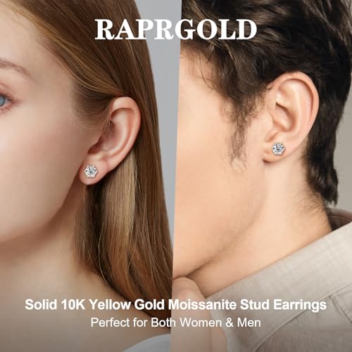 Moissanite Stud Earrings for Men, 10K Real Gold Earrings for Women, D Color VVS1 Round Cut 1CT/2CT Lab Created Solitaire Moissanite Earring Studs Solid Gold Screw Back, Jewelry Gift for Women Men4