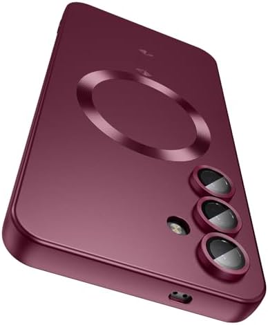 LEKEVO Magnetic for Samsung Galaxy S24 Case [Compatible with MagSafe][Built-in Camera Lens Protector] Slim Soft Silicone Bumper Shockproof Metallic Luster Phone Case (Burgundy)