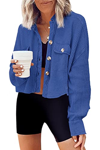 Image of Panadila Women's Cropped Waffle Knit Shacket Short Button Down Jacket Batwing Sleeve Shirts with Pocket