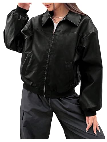 SHENHE Women's Leather Jacket Collared Neck Lantern Sleeve Zip Up
