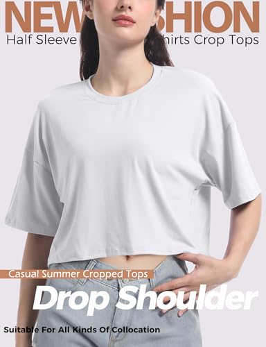 2PC Women's Basic Crop Top Drop Shoulder T Shirt Half Sleeve Cropped Tee Crewneck Short Sleeve Casual Summer Top3