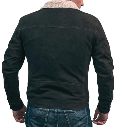 Image of Hide & Seek Men's Vintage Suede Leather Rugged Motorcycle Shirt Survival Iconic Fur Collar Season 5 Inspired Leather Jacket
