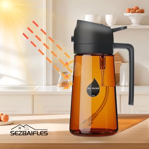 2 in 1 Oil Sprayer for Cooking, Olive Oil Dispenser Bottle for Kitchen Spray and Pour, 16oz/470ml Light-Blocking Dark Amber Glass Brown Bottle, Food-Grade Oil Mister for Air Fryer Black Cap
