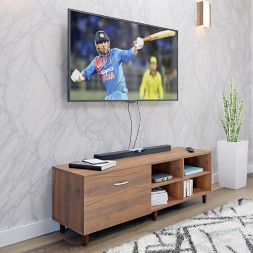 Image of VIKI Modern TV Unit for Living Room | Engineered Wood TV Cabinet with 1 Drawer Storage & 2 Open Shelves, Set Top Box Stand, Entertainment Unit, 140W x 48H x 40D cm | DIY | 1 Year Warranty (Walnut)